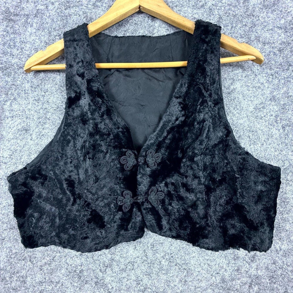 Women Cropped Vest Black Lined Floral Embroidered Faux Fur V Neck Toggle Closure